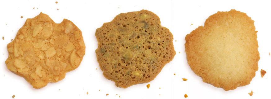 Tejas de almendra, de pistacho y de coco